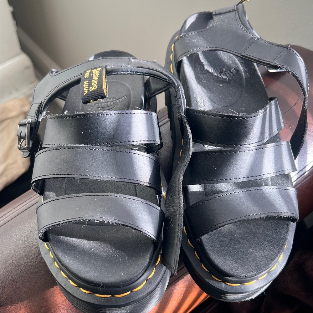 Dr. Martens Black Kids Sandals with Yellow Stitching
